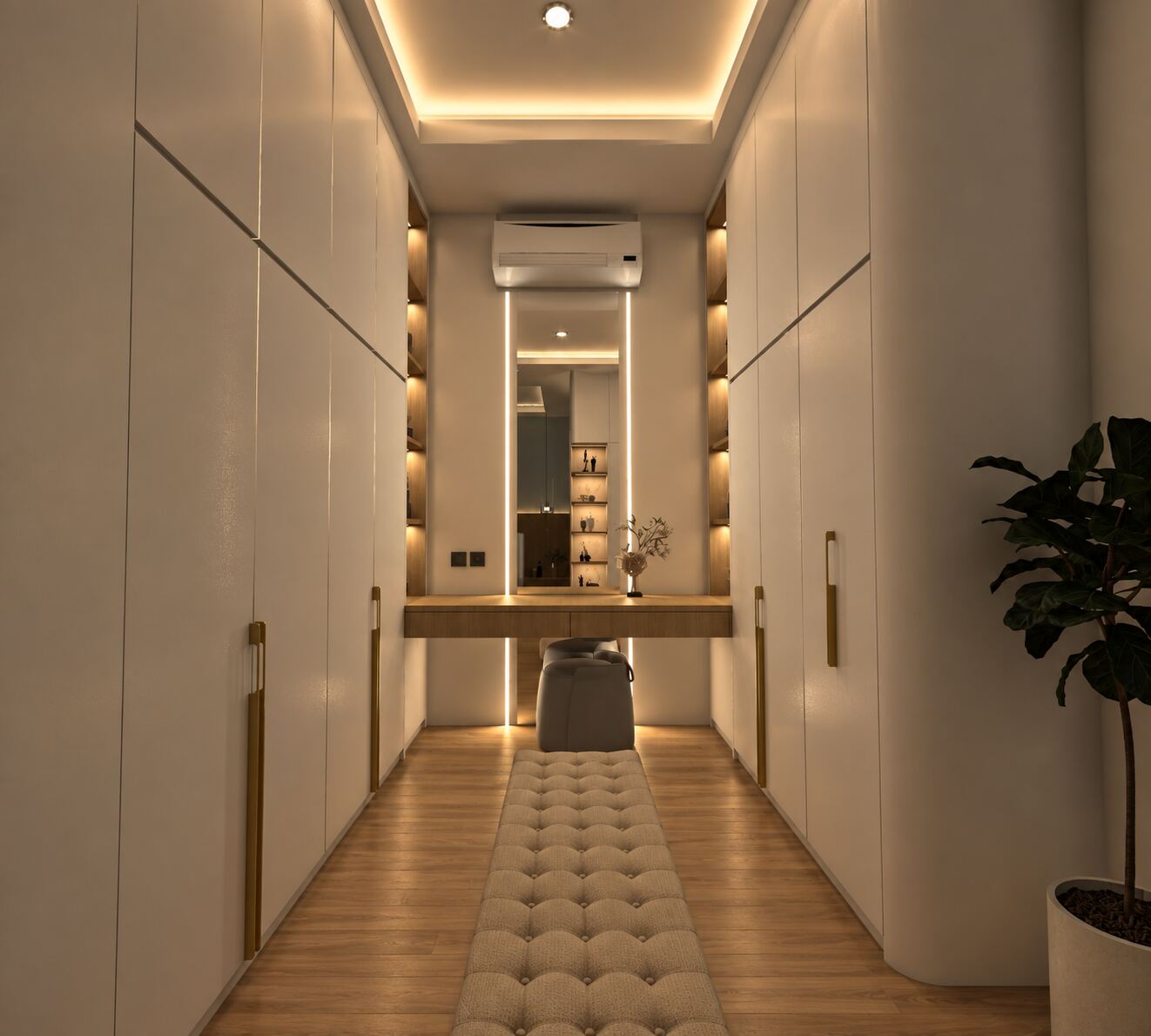 Lorong dressing area dengan lemari putih dan meja rias