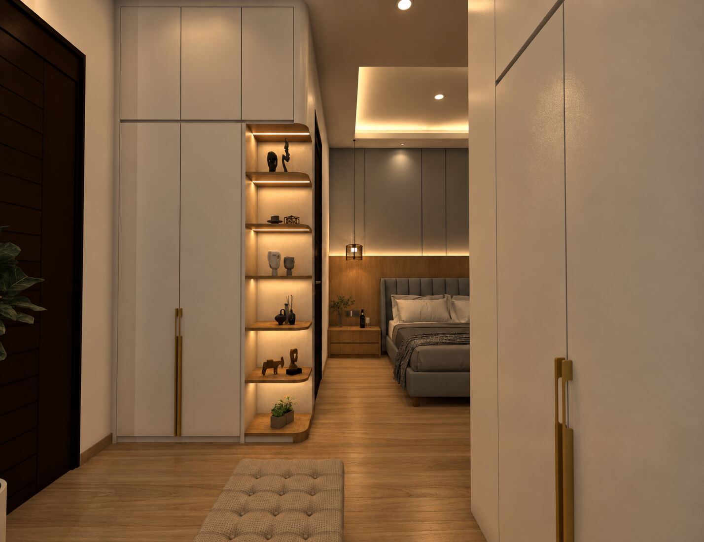 Kamar tidur dengan rak pajangan terbuka dan lampu hangat