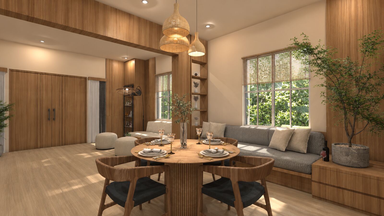 Ruang makan dan keluarga terbuka dengan panel kayu, hasil kerja Wood Gold Workshop