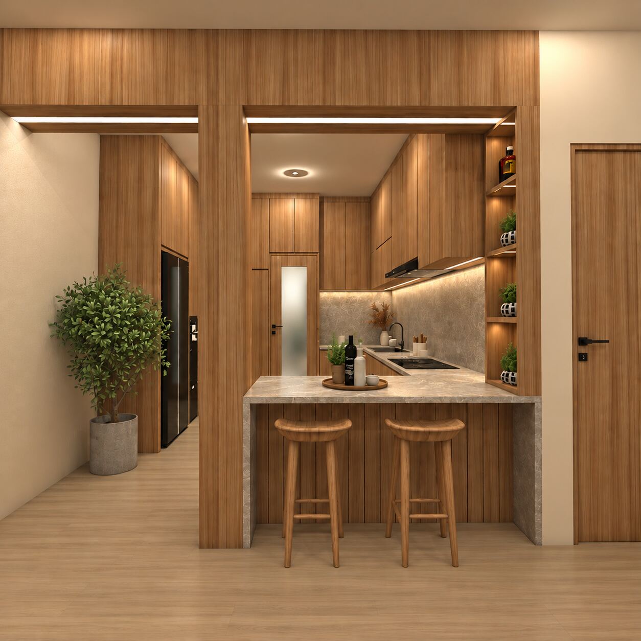Dapur pass-through dengan meja bar dan dua kursi
