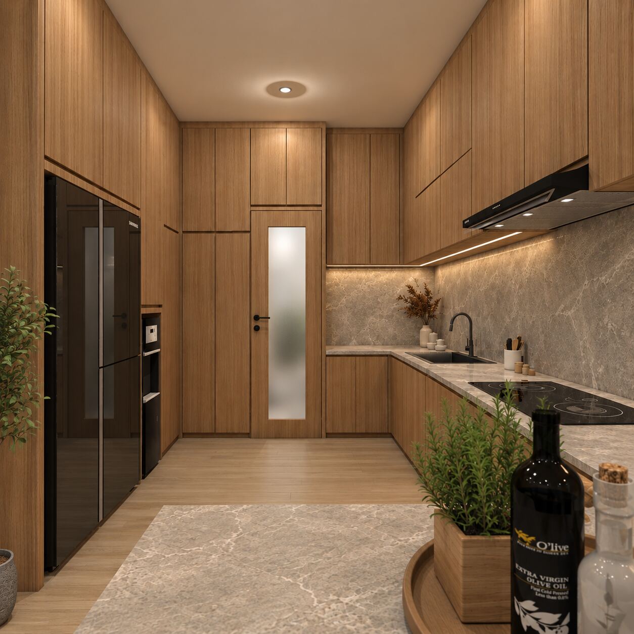 Dapur dengan kabinet kayu dan backsplash marmer