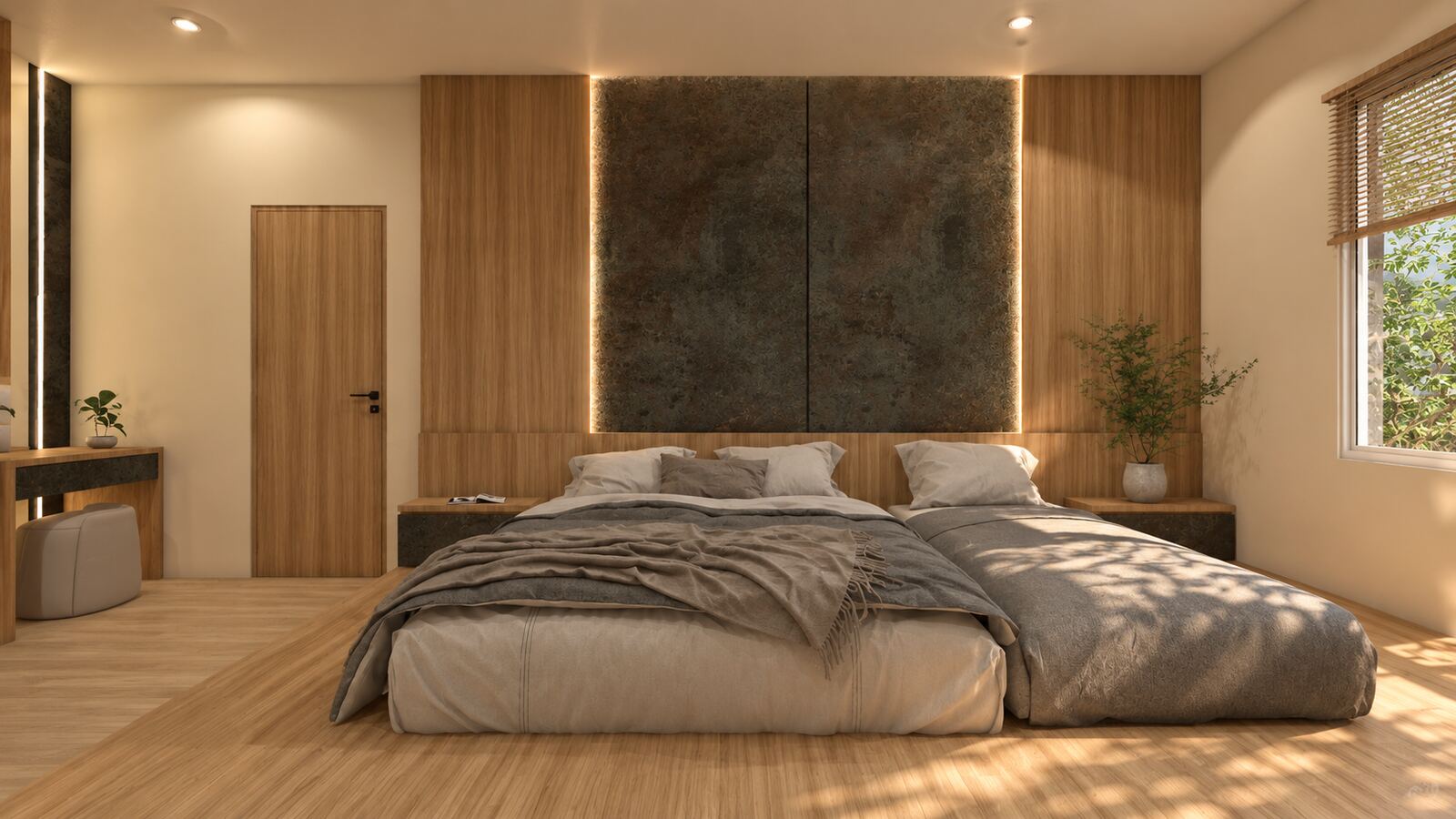 Kamar tidur dengan panel dinding batu dan aksen kayu