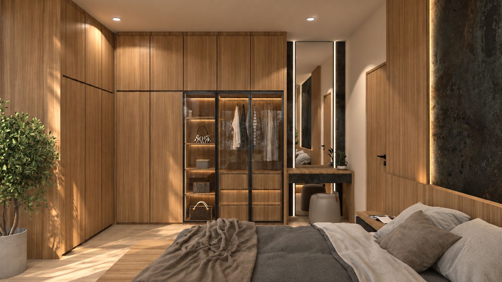 Kamar tidur dengan lemari pintu kaca dan meja rias