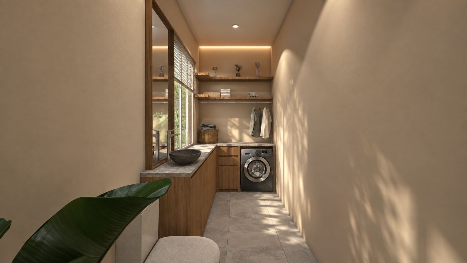 Ruang laundry dengan meja cuci batu dan mesin cuci