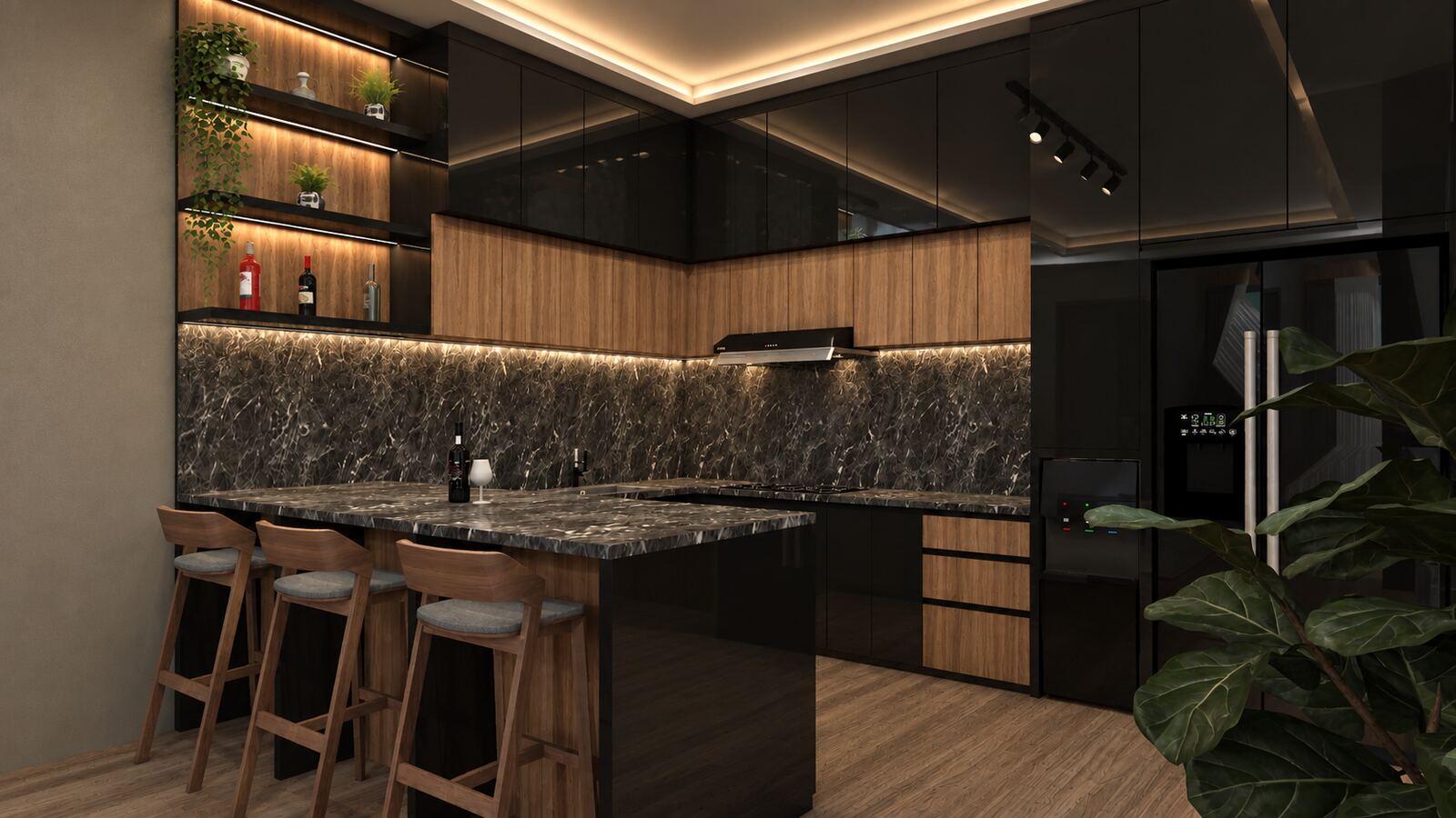 Dapur bar gelap dengan meja island marmer hitam