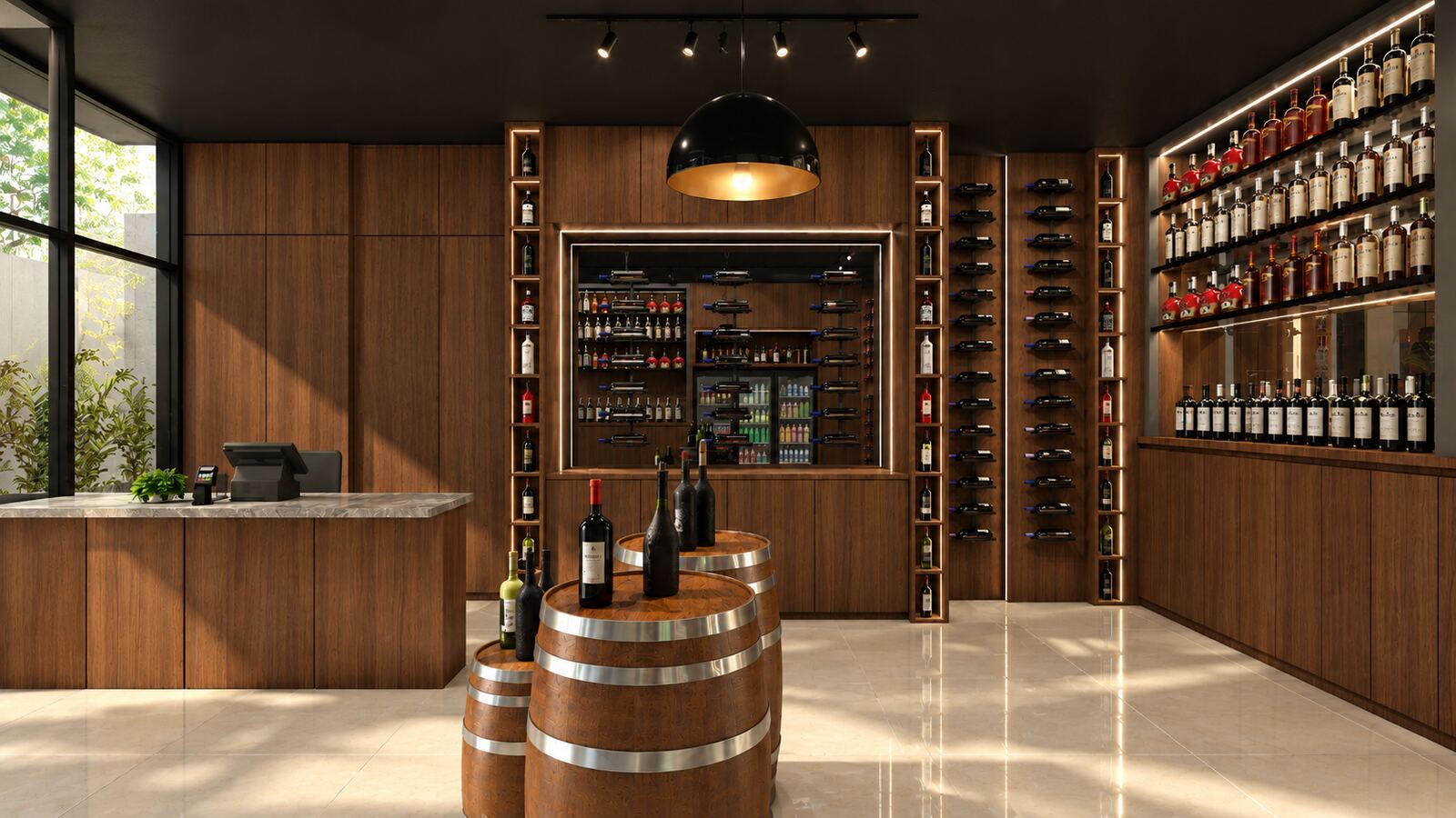 Wine cellar dengan meja kasir dan rak botol kayu
