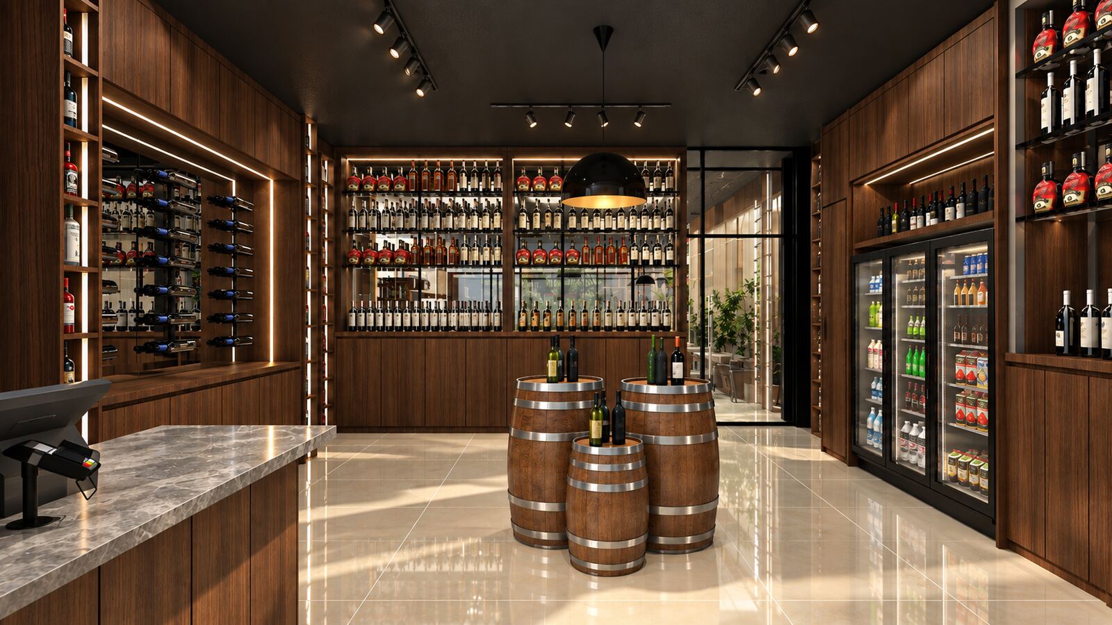 Wine cellar dengan kulkas minuman dan rak botol