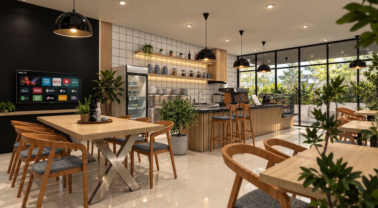 Area duduk cafe dengan dinding TV dan dapur terbuka