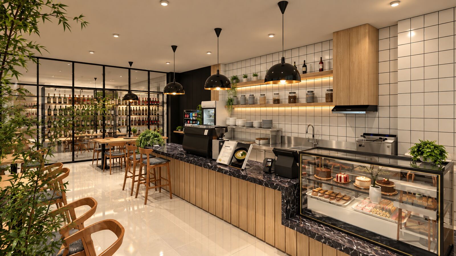 Meja kasir cafe dengan etalase pastry dan mesin kopi