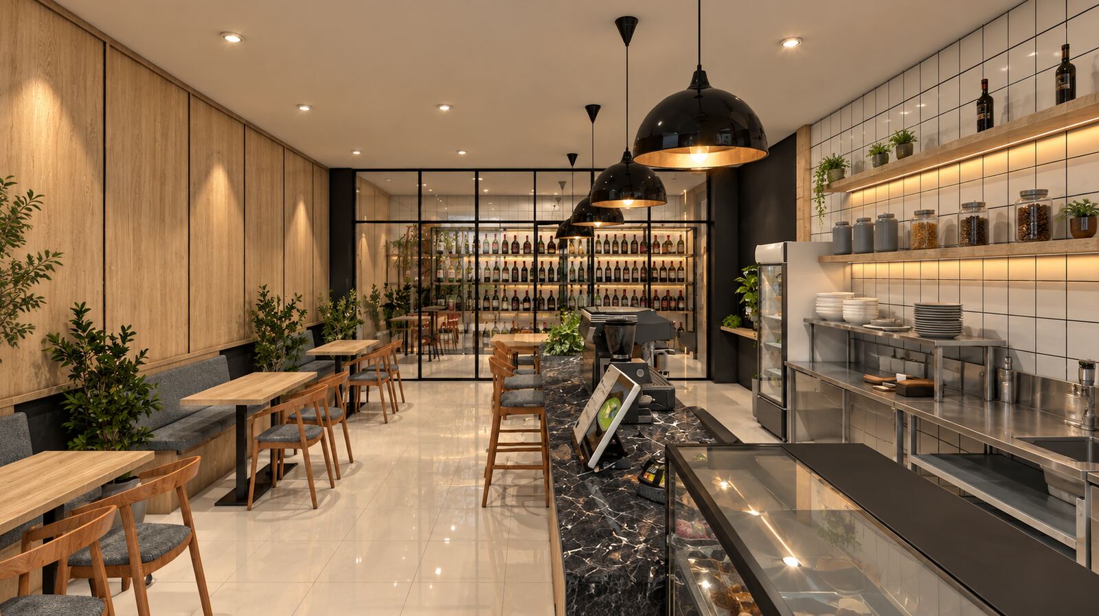 Area duduk banquette cafe dengan panel kayu
